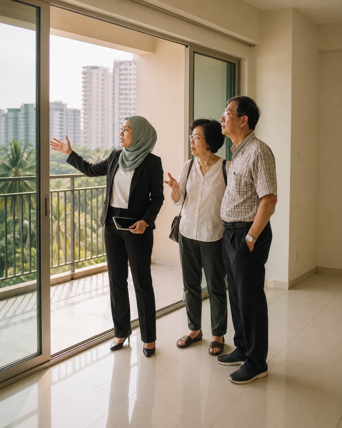 A property agent showing an empty condominium unit to an older couple, gesturing toward the balcony.