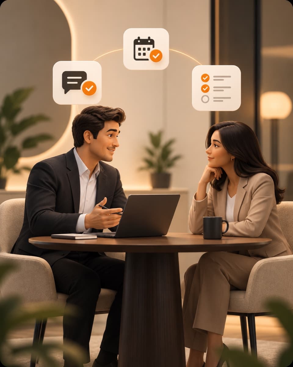 Two colleagues in conversation across a table, the follow-up, the date and the checklist already settled above them