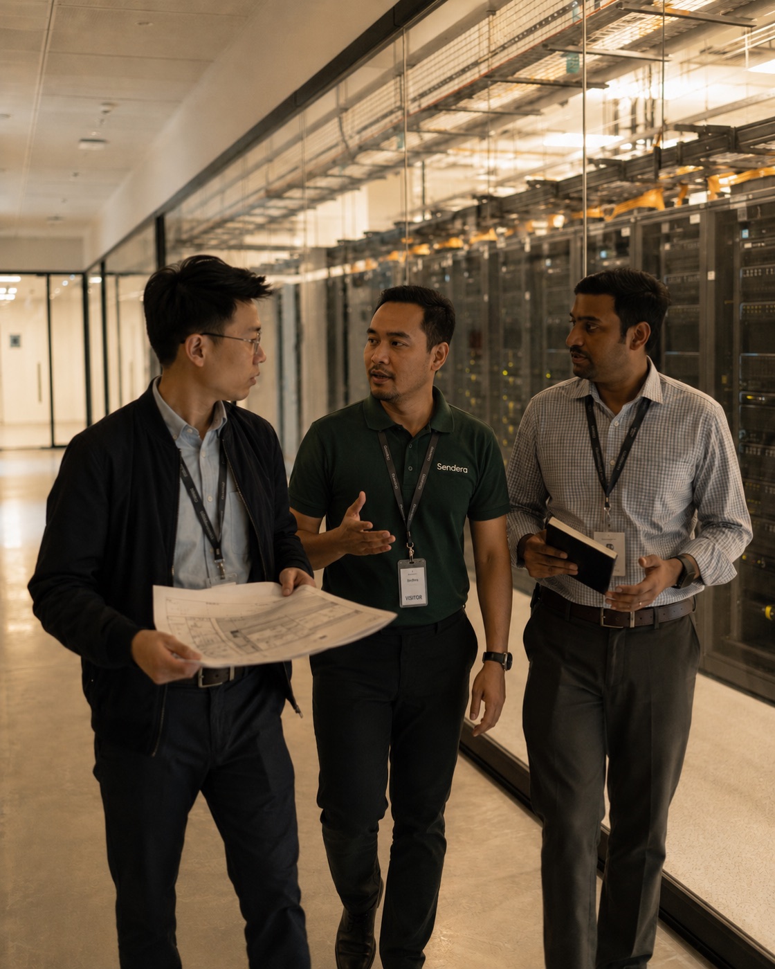 Three people in visitor lanyards walking a data centre corridor, one holding a floor plan, mid-conversation.