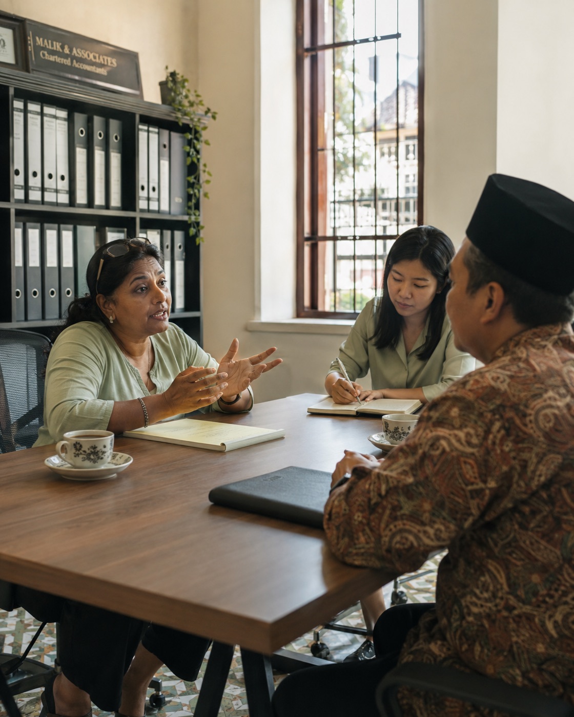 An accountant explaining a point across a meeting table to a client and a colleague, box files on the shelf behind.