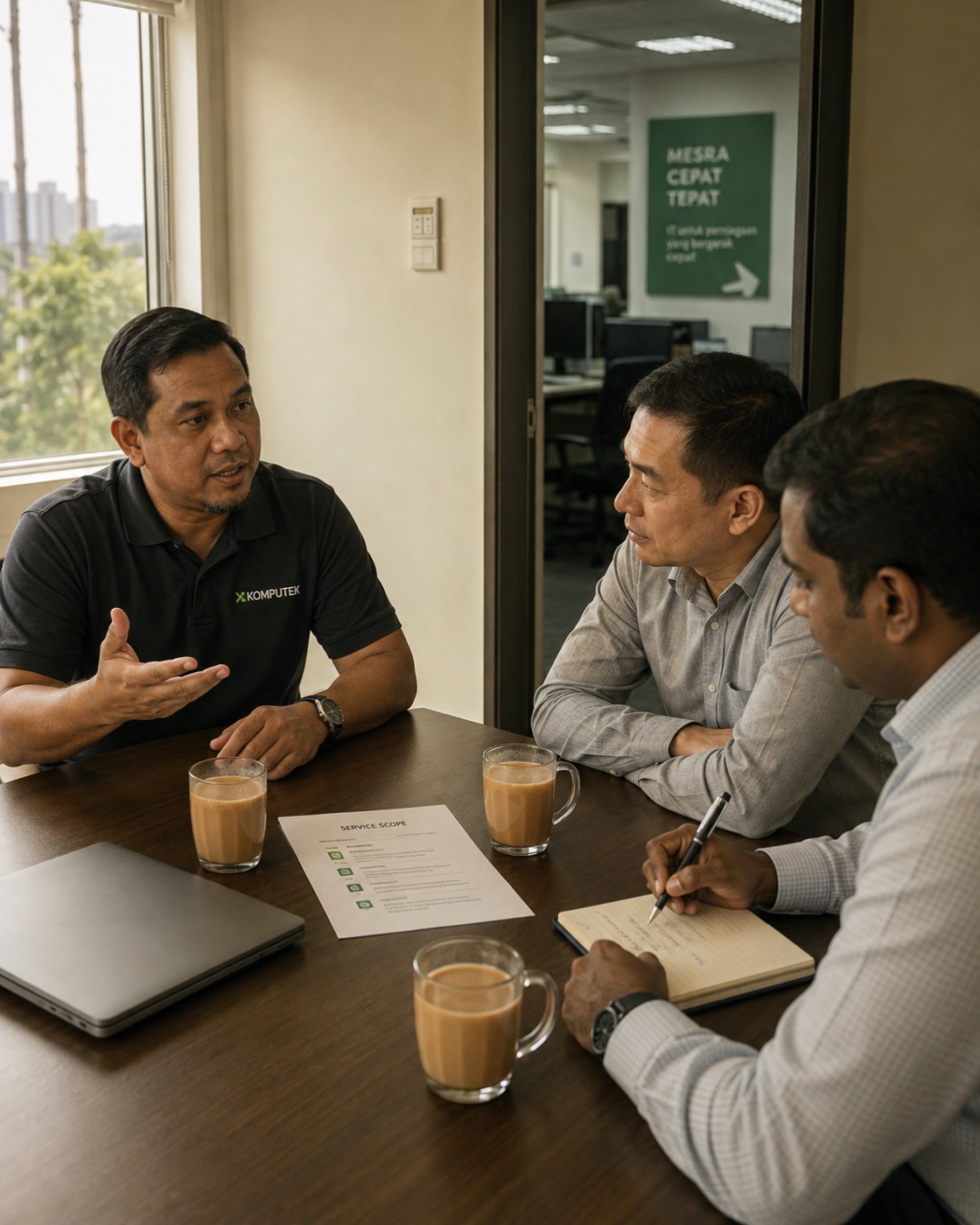 A managed IT provider explaining a printed service scope across a meeting table to two prospects, one taking notes.
