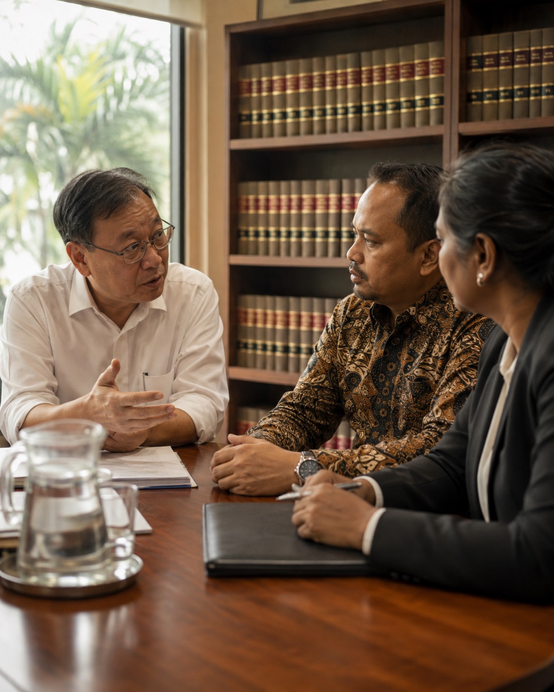 A lawyer explaining a document across a boardroom table to two clients, bound law reports on the shelves behind.