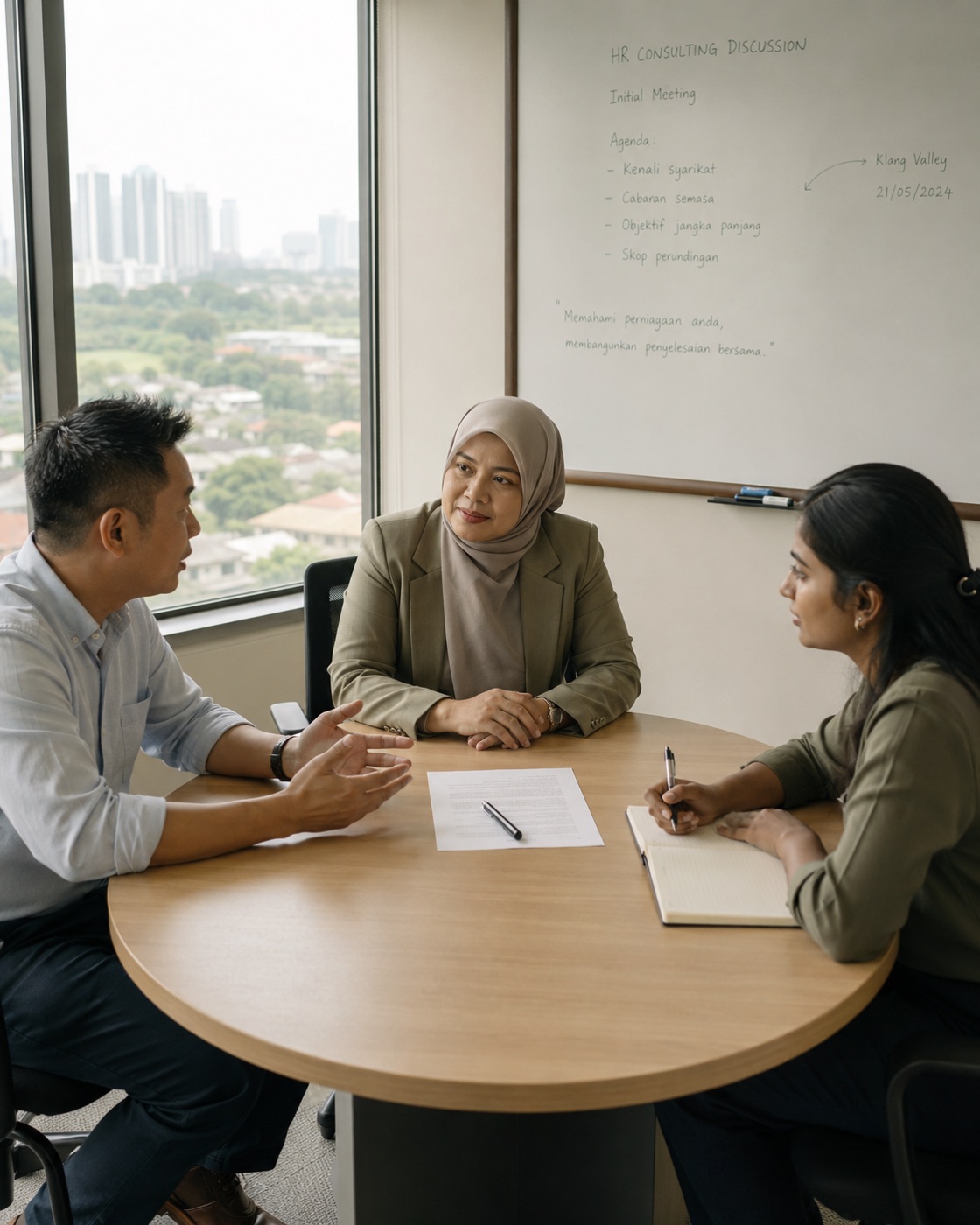 Three people at a round meeting table, an agenda for an HR consulting discussion on the whiteboard behind them.