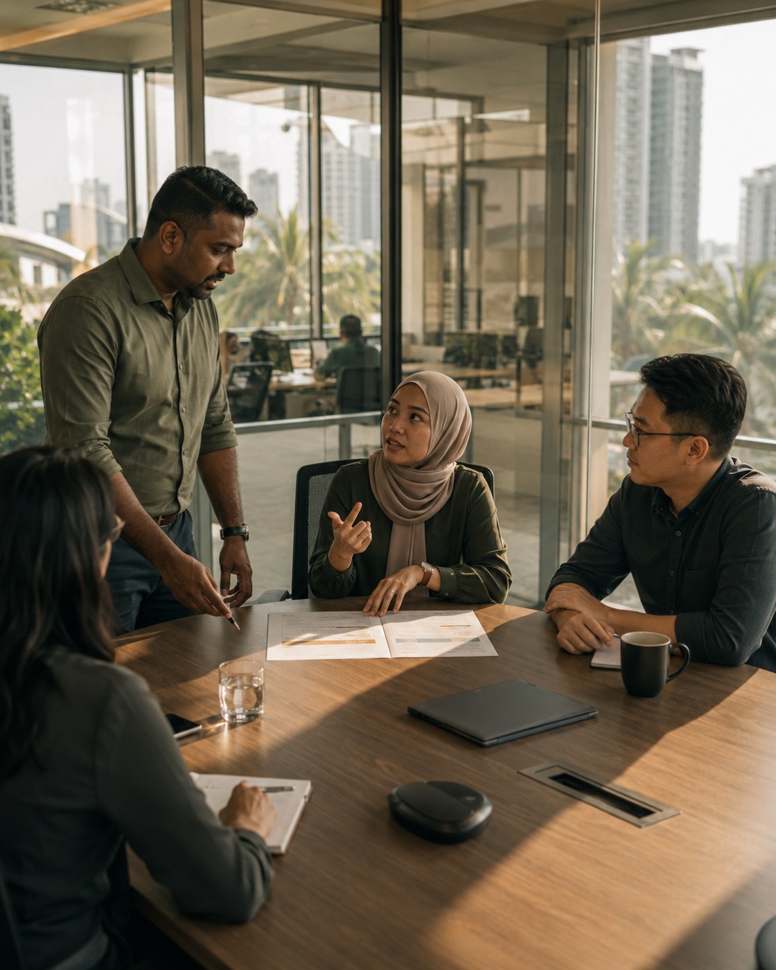 A consultant standing at the head of a boardroom table, walking three colleagues through a printed findings report.